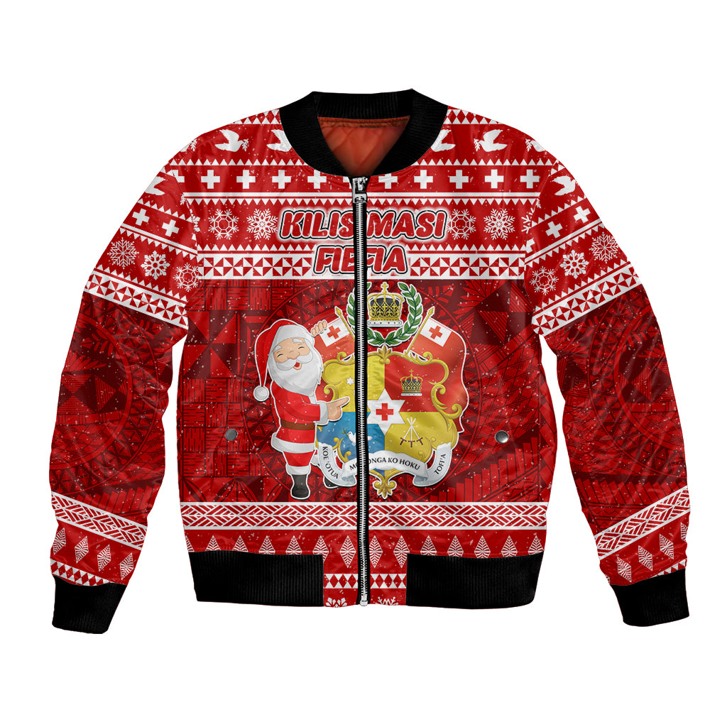 Personalized Tonga Christmas Bomber Jacket Kilisimasi Fiefia Santas Coat Of Arms LT05 Unisex Red - Polynesian Pride