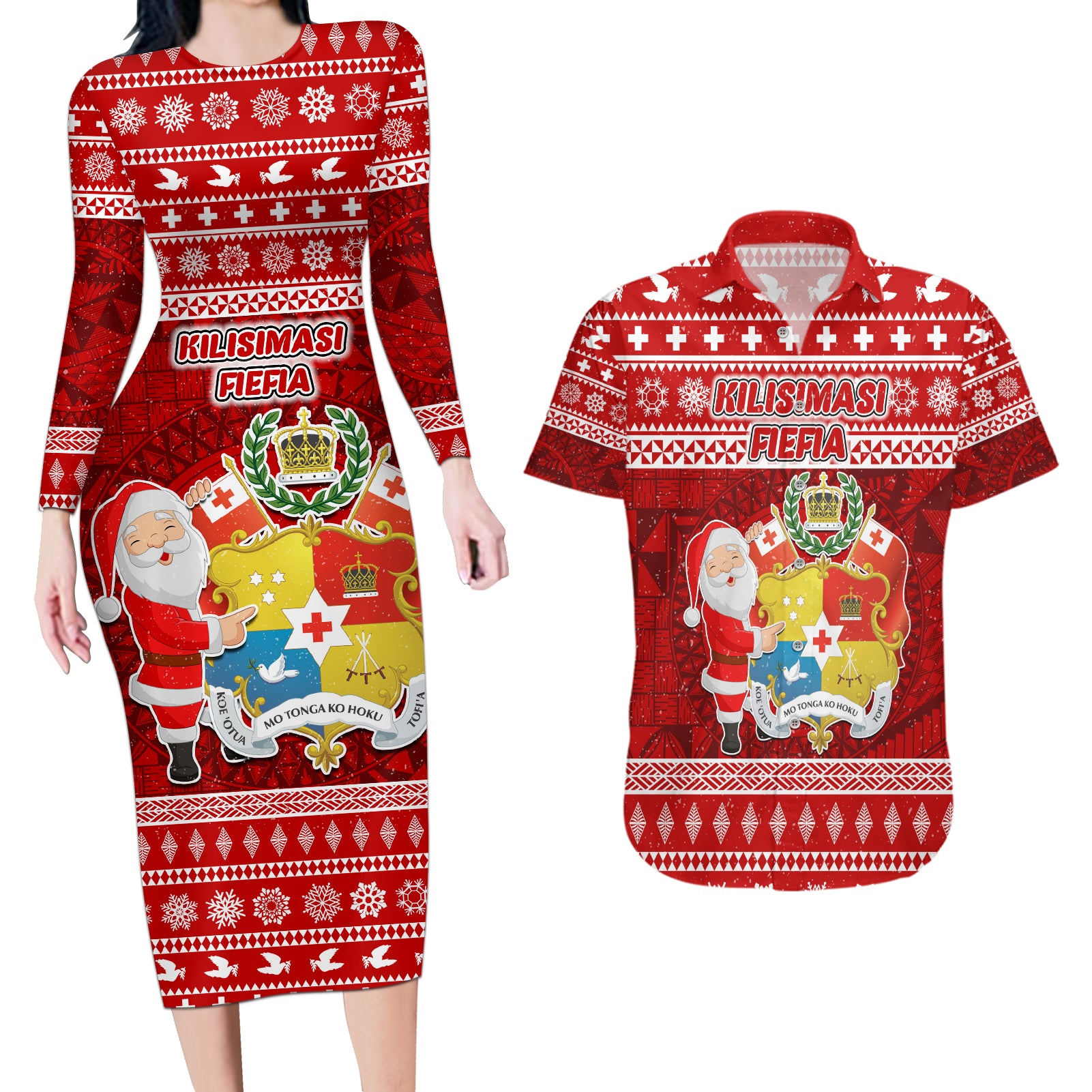 Personalized Tonga Christmas Couples Matching Long Sleeve Bodycon Dress and Hawaiian Shirt Kilisimasi Fiefia Santas Coat Of Arms LT05 Red - Polynesian Pride