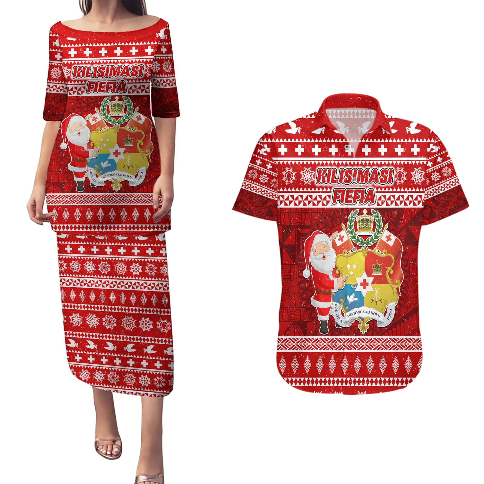 Personalized Tonga Christmas Couples Matching Puletasi Dress and Hawaiian Shirt Kilisimasi Fiefia Santas Coat Of Arms LT05 Red - Polynesian Pride