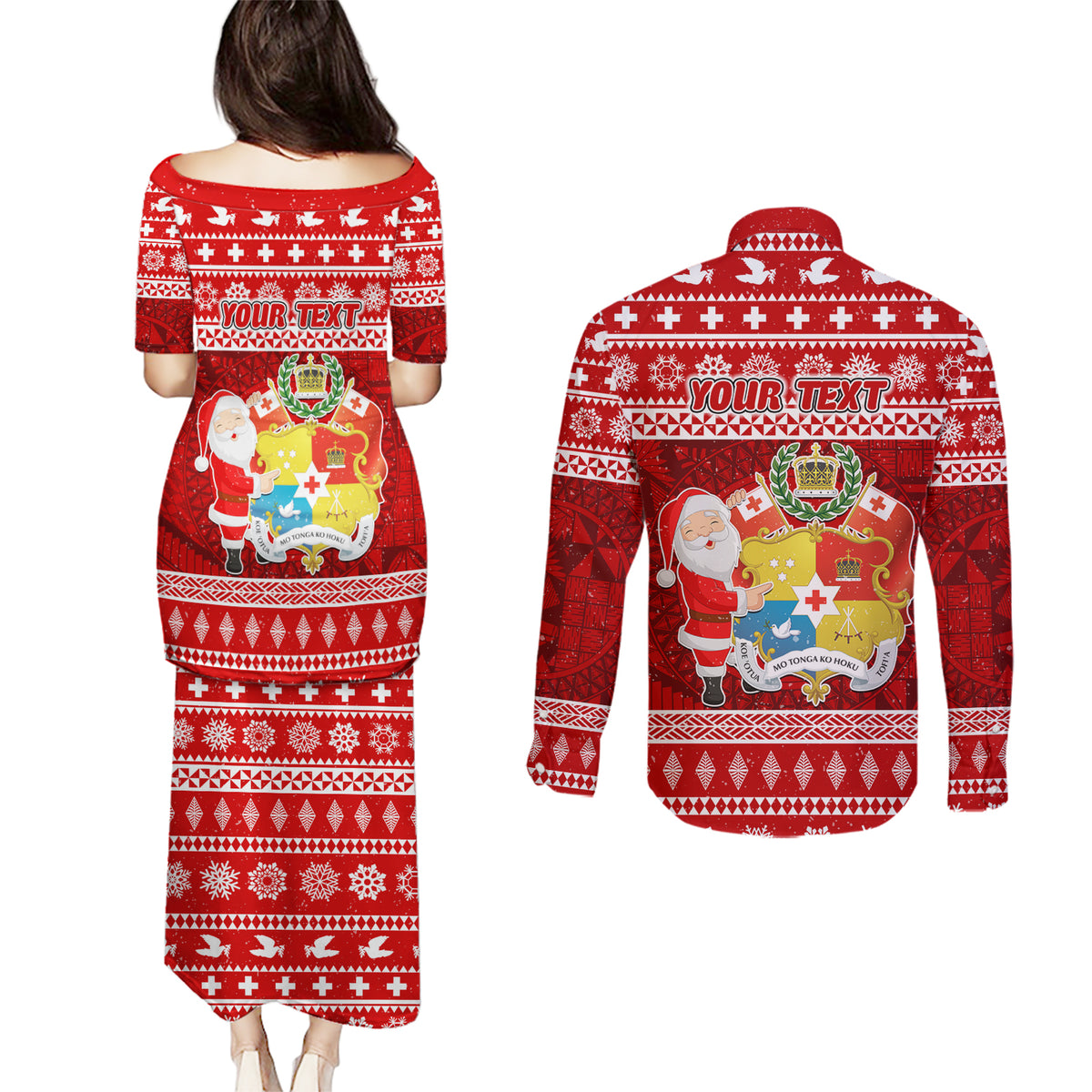 Personalized Tonga Christmas Couples Matching Puletasi Dress and Long Sleeve Button Shirts Kilisimasi Fiefia Santas Coat Of Arms LT05 - Polynesian Pride