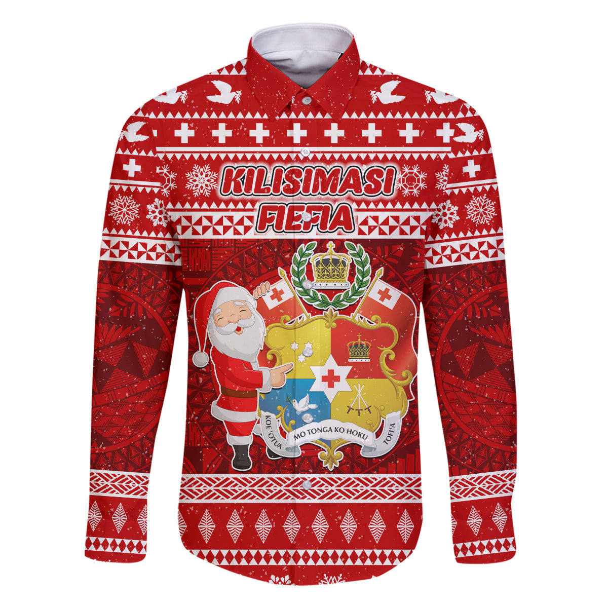 Personalized Tonga Christmas Family Matching Long Sleeve Bodycon Dress and Hawaiian Shirt Kilisimasi Fiefia Santas Coat Of Arms LT05 Dad's Shirt - Long Sleeve Red - Polynesian Pride