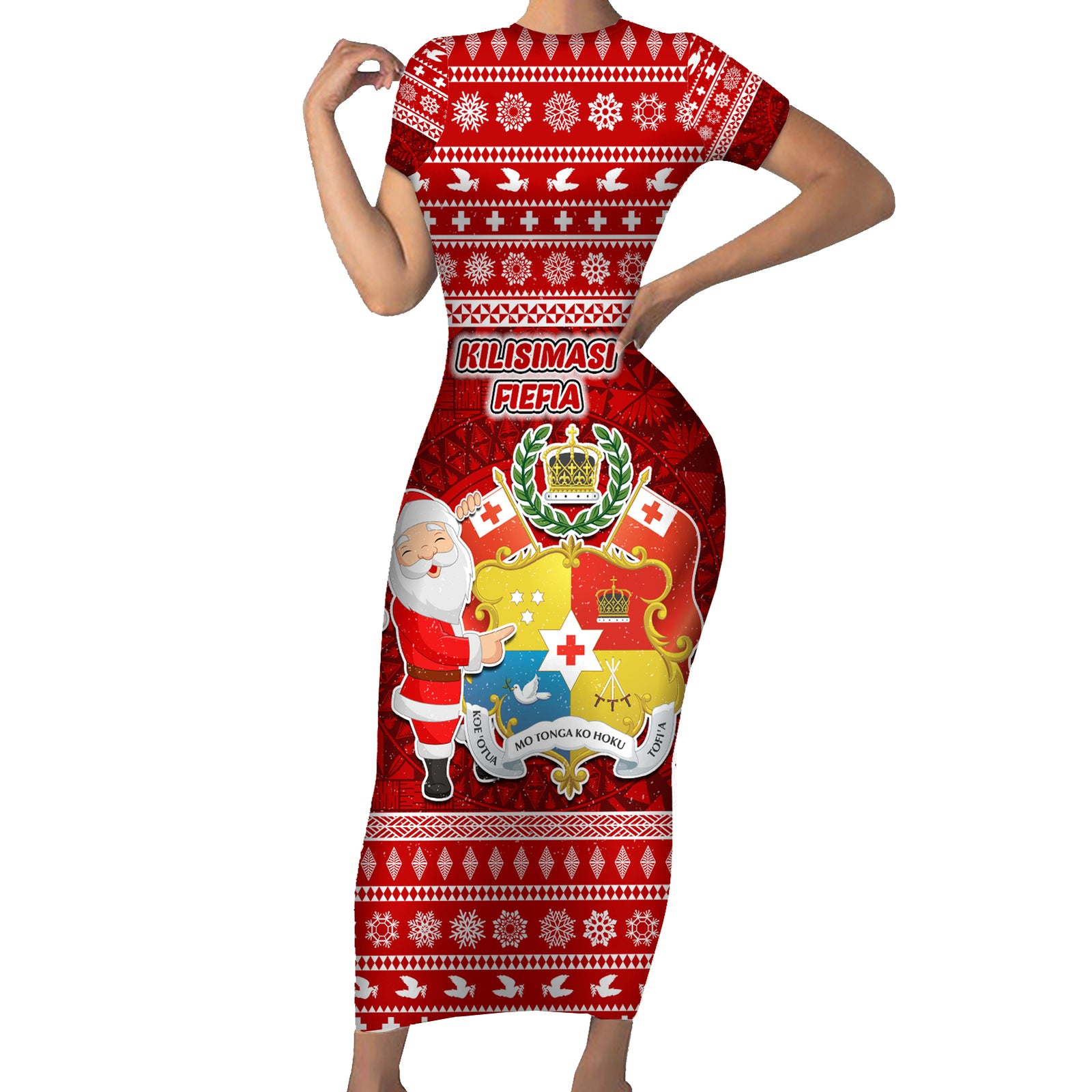 Personalized Tonga Christmas Short Sleeve Bodycon Dress Kilisimasi Fiefia Santas Coat Of Arms LT05 Long Dress Red - Polynesian Pride