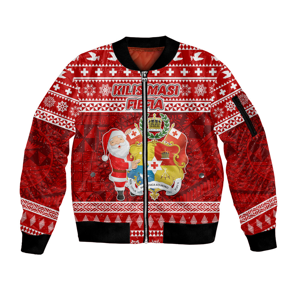 Personalized Tonga Christmas Sleeve Zip Bomber Jacket Kilisimasi Fiefia Santas Coat Of Arms LT05 Unisex Red - Polynesian Pride