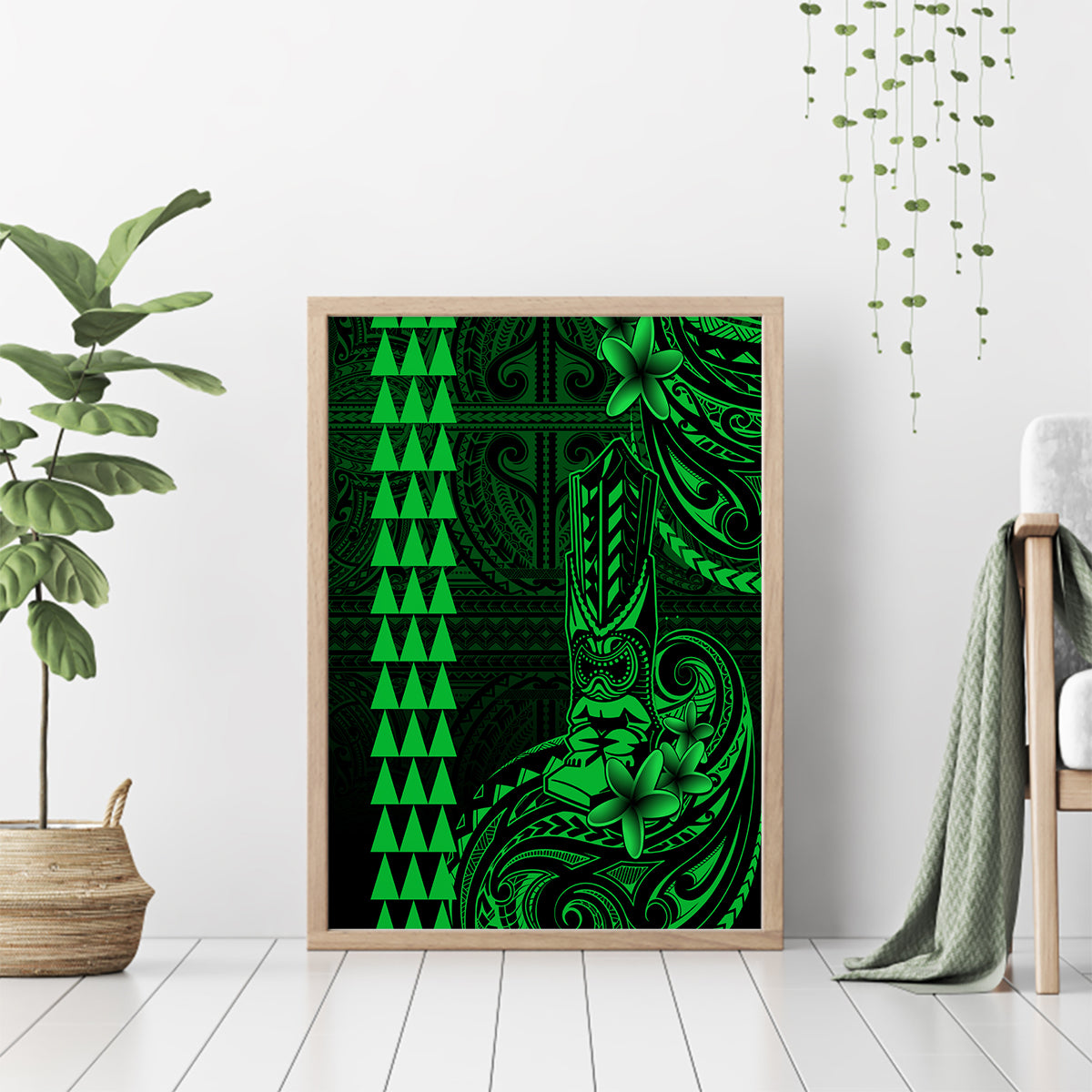 Hawaii Hauoli Makahiki Hou Canvas Wall Art Lono Hawaiian God Kakau Polynesian Tribal Green LT05 - Polynesian Pride