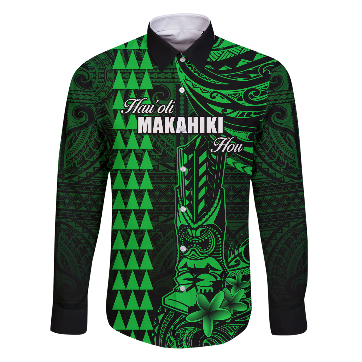 Personalized Hawaii Hauoli Makahiki Hou Family Matching Puletasi Dress and Hawaiian Shirt Lono Hawaiian God Kakau Polynesian Tribal Green LT05 Dad's Shirt - Long Sleeve Green - Polynesian Pride
