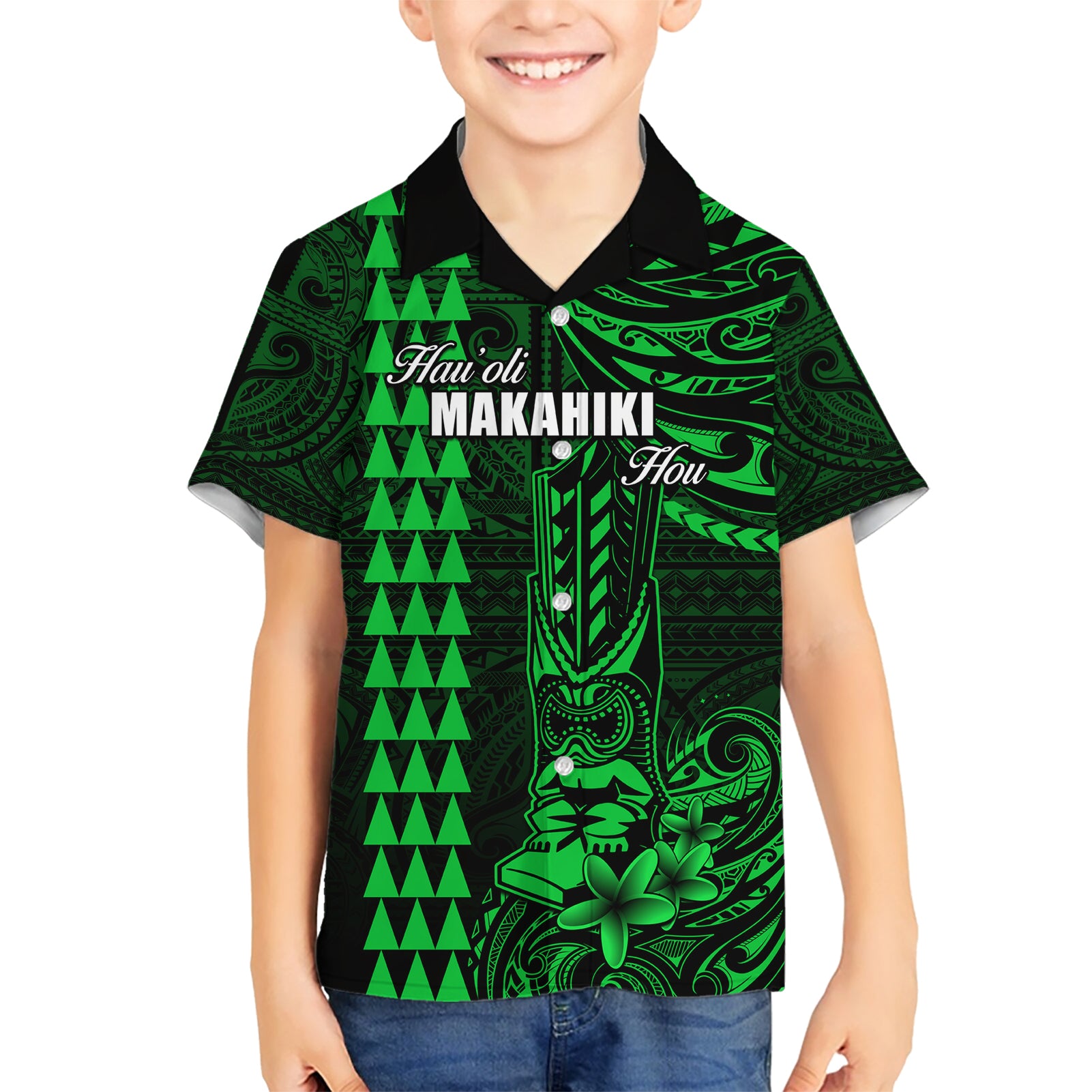 Personalized Hawaii Hauoli Makahiki Hou Kid Hawaiian Shirt Lono Hawaiian God Kakau Polynesian Tribal Green LT05 Kid Green - Polynesian Pride