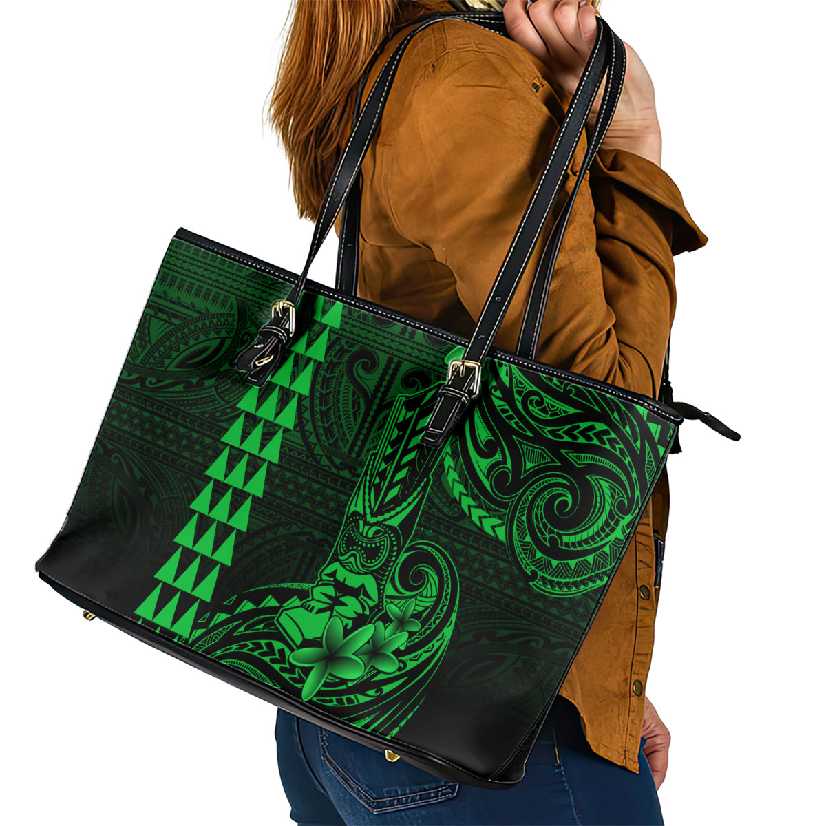 Hawaii Hauoli Makahiki Hou Leather Tote Bag Lono Hawaiian God Kakau Polynesian Tribal Green LT05 - Polynesian Pride