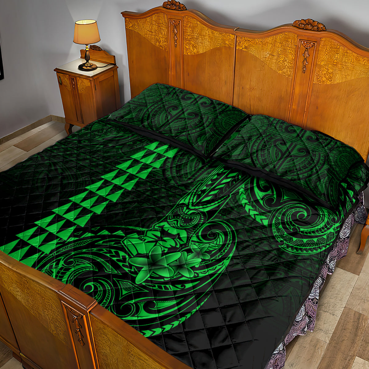 Hawaii Hauoli Makahiki Hou Quilt Bed Set Lono Hawaiian God Kakau Polynesian Tribal Green LT05 - Polynesian Pride