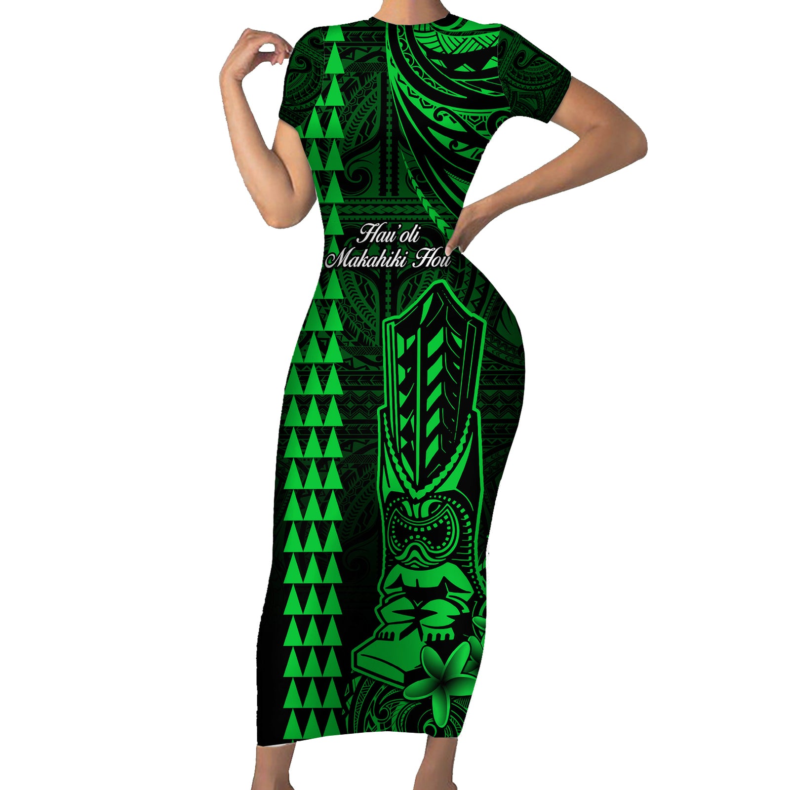 Personalized Hawaii Hauoli Makahiki Hou Short Sleeve Bodycon Dress Lono Hawaiian God Kakau Polynesian Tribal Green LT05 Long Dress Green - Polynesian Pride