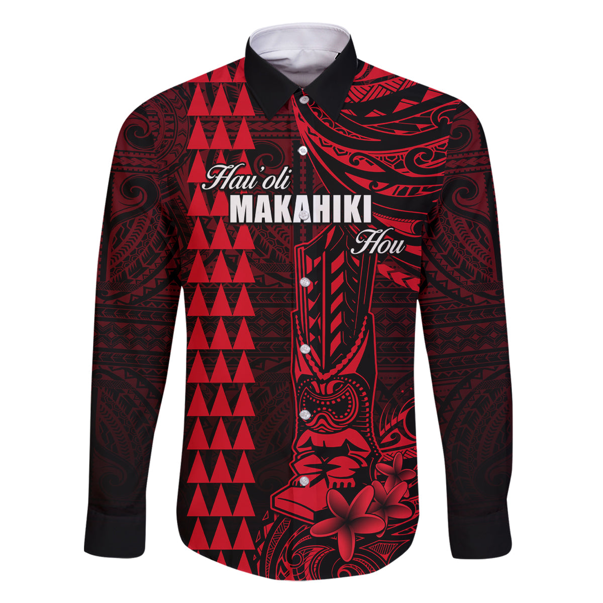 Personalized Hawaii Hauoli Makahiki Hou Family Matching Off Shoulder Short Dress and Hawaiian Shirt Lono Hawaiian God Kakau Polynesian Tribal Red LT05 Dad's Shirt - Long Sleeve Red - Polynesian Pride