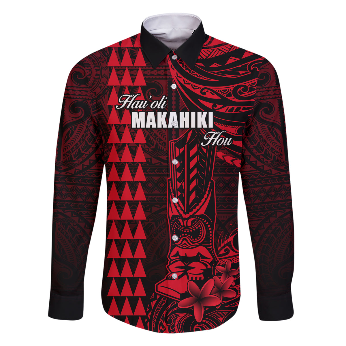 Personalized Hawaii Hauoli Makahiki Hou Family Matching Short Sleeve Bodycon Dress and Hawaiian Shirt Lono Hawaiian God Kakau Polynesian Tribal Red LT05 Dad's Shirt - Long Sleeve Red - Polynesian Pride