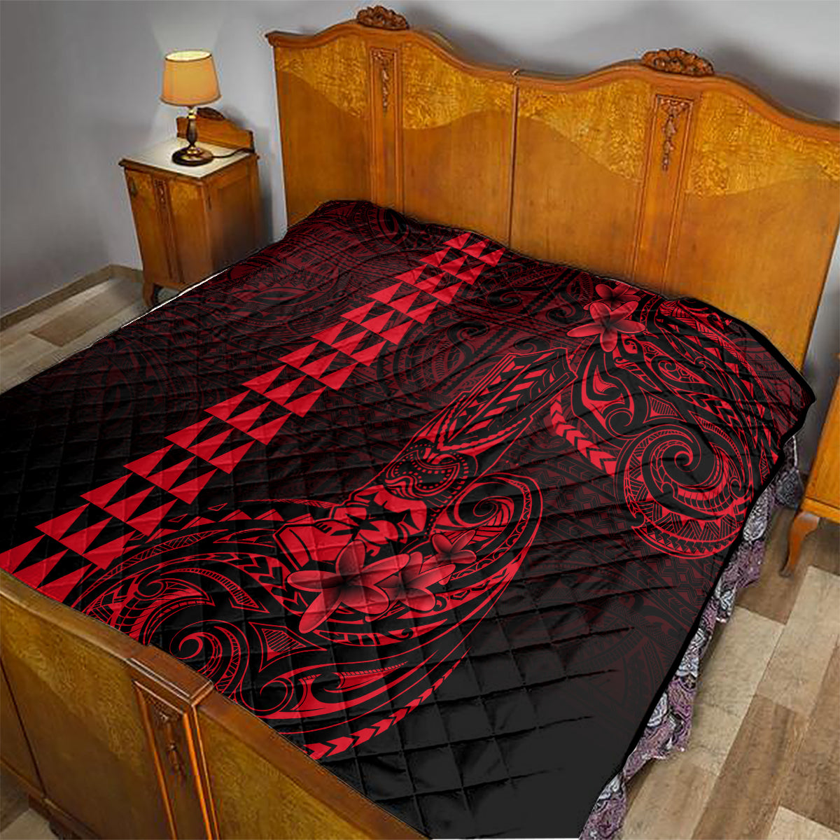 Hawaii Hauoli Makahiki Hou Quilt Lono Hawaiian God Kakau Polynesian Tribal Red LT05 - Polynesian Pride