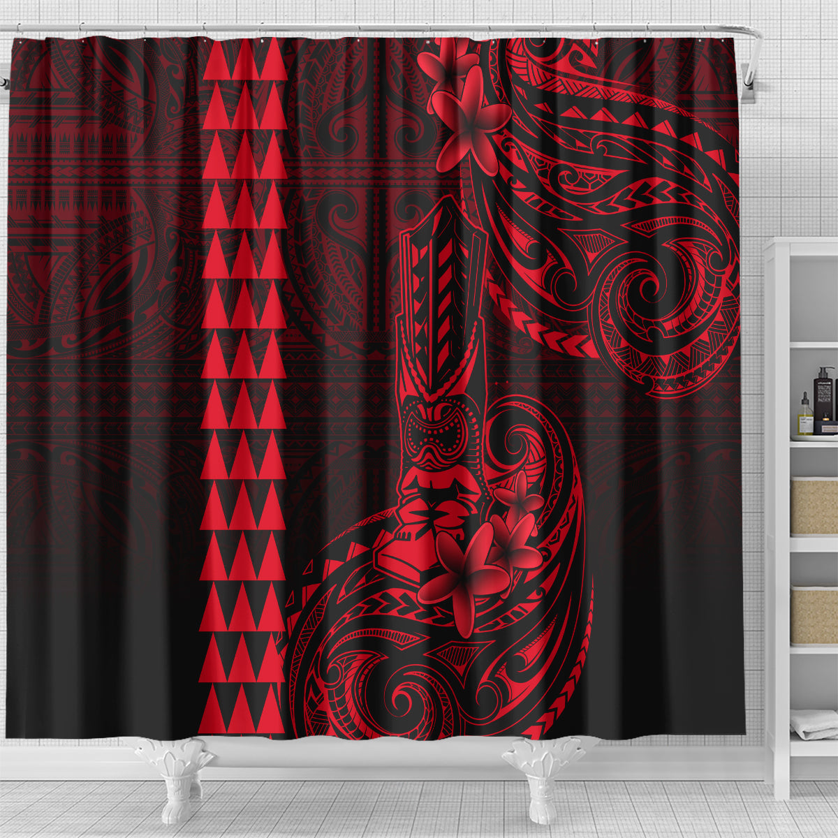 Hawaii Hauoli Makahiki Hou Shower Curtain Lono Hawaiian God Kakau Polynesian Tribal Red LT05 - Polynesian Pride