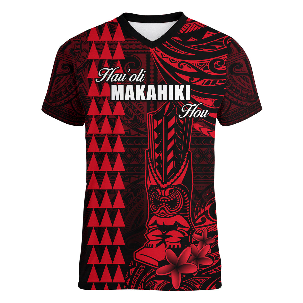 Personalized Hawaii Hauoli Makahiki Hou Women V Neck T Shirt Lono Hawaiian God Kakau Polynesian Tribal Red LT05 Female Red - Polynesian Pride
