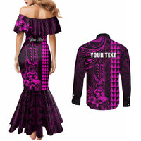 Personalized Hawaii Hauoli Makahiki Hou Couples Matching Mermaid Dress and Long Sleeve Button Shirts Lono Hawaiian God Kakau Polynesian Tribal Pink LT05 - Polynesian Pride