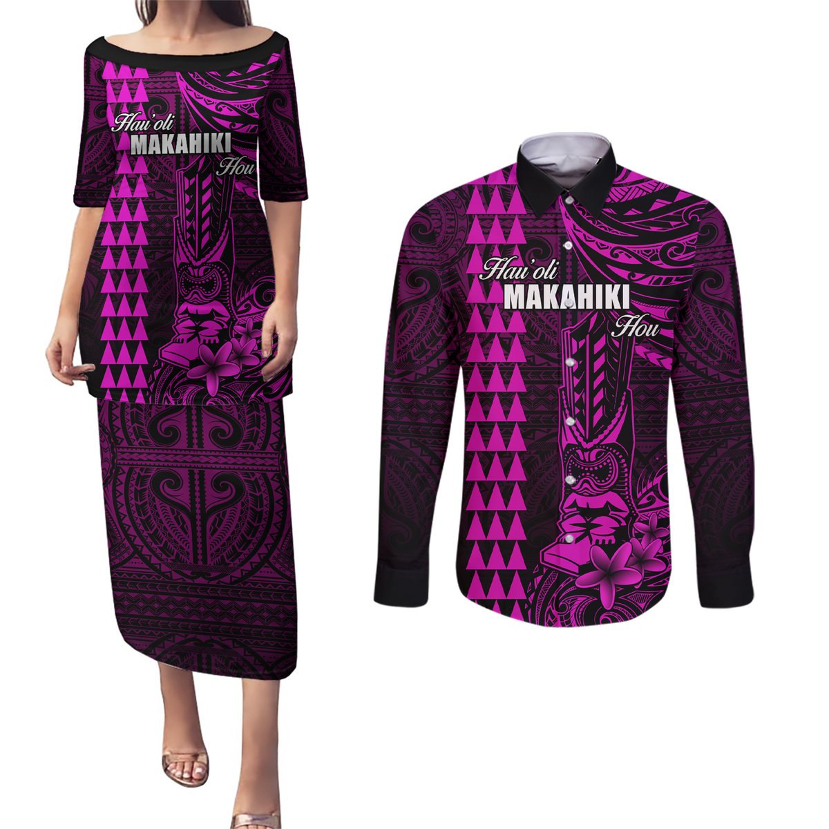 Personalized Hawaii Hauoli Makahiki Hou Couples Matching Puletasi Dress and Long Sleeve Button Shirts Lono Hawaiian God Kakau Polynesian Tribal Pink LT05 Pink - Polynesian Pride