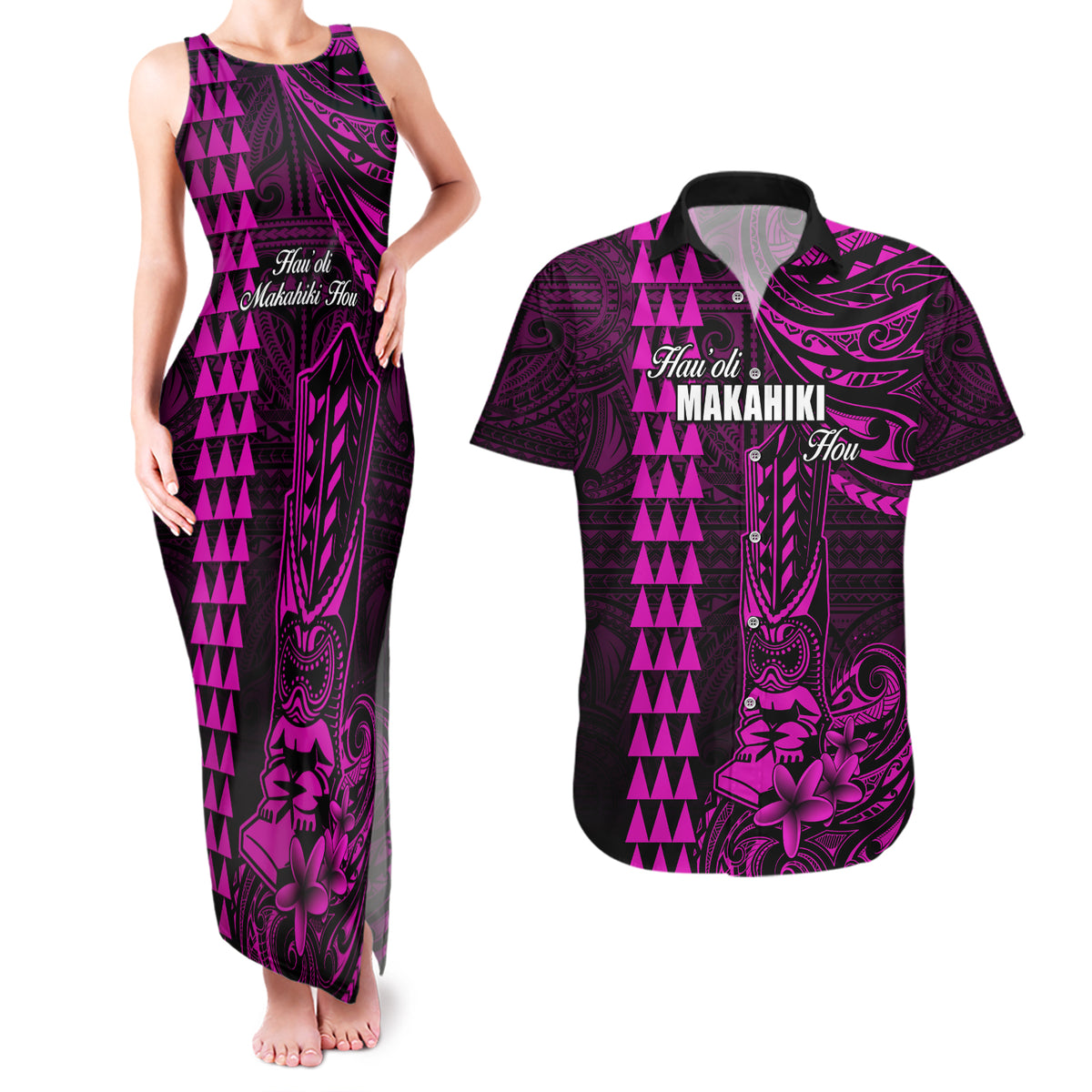 Personalized Hawaii Hauoli Makahiki Hou Couples Matching Tank Maxi Dress and Hawaiian Shirt Lono Hawaiian God Kakau Polynesian Tribal Pink LT05 Pink - Polynesian Pride