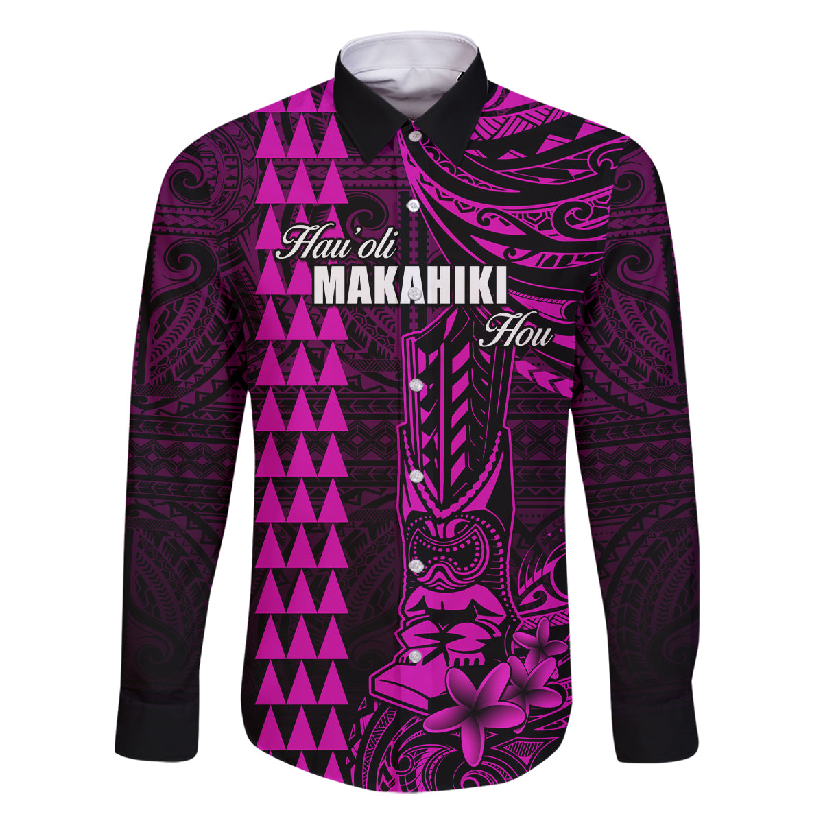 Personalized Hawaii Hauoli Makahiki Hou Family Matching Off Shoulder Maxi Dress and Hawaiian Shirt Lono Hawaiian God Kakau Polynesian Tribal Pink LT05 Dad's Shirt - Long Sleeve Pink - Polynesian Pride