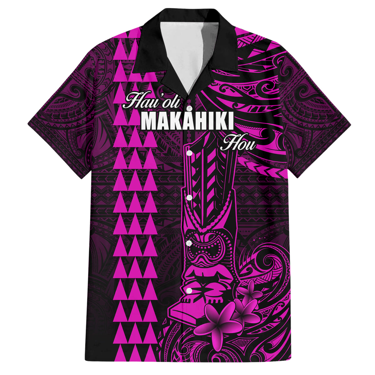 Personalized Hawaii Hauoli Makahiki Hou Family Matching Short Sleeve Bodycon Dress and Hawaiian Shirt Lono Hawaiian God Kakau Polynesian Tribal Pink LT05 Dad's Shirt - Short Sleeve Pink - Polynesian Pride