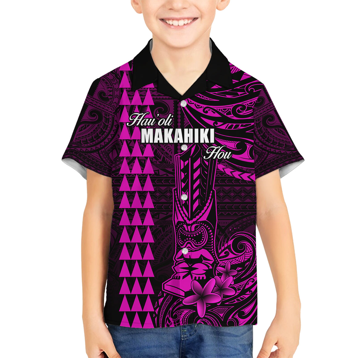 Personalized Hawaii Hauoli Makahiki Hou Family Matching Tank Maxi Dress and Hawaiian Shirt Lono Hawaiian God Kakau Polynesian Tribal Pink LT05 Son's Shirt Pink - Polynesian Pride