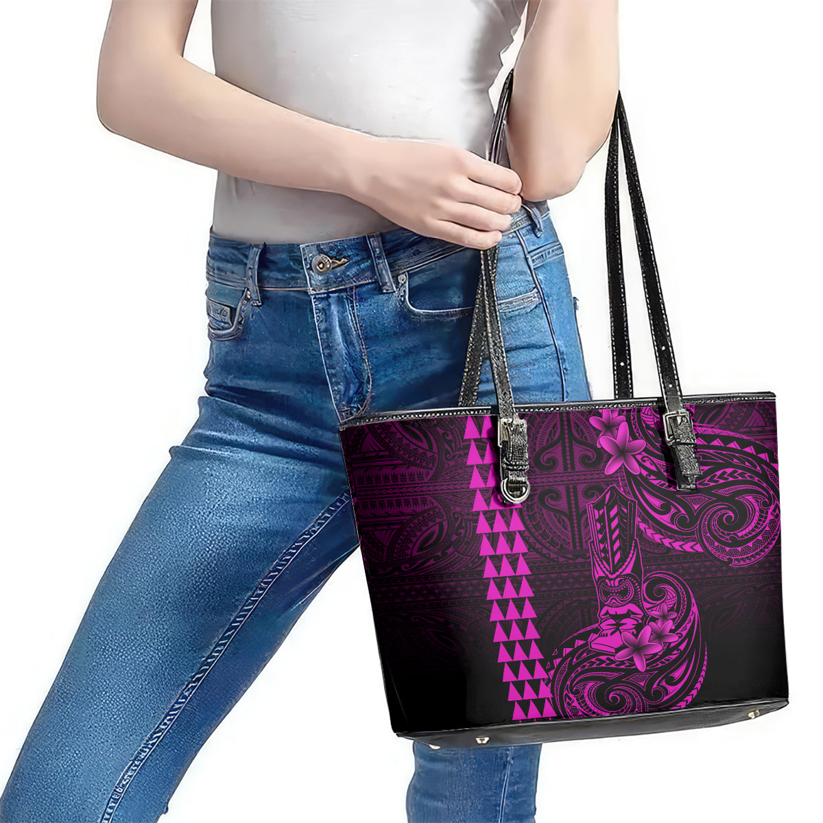 Hawaii Hauoli Makahiki Hou Leather Tote Bag Lono Hawaiian God Kakau Polynesian Tribal Pink LT05 - Polynesian Pride