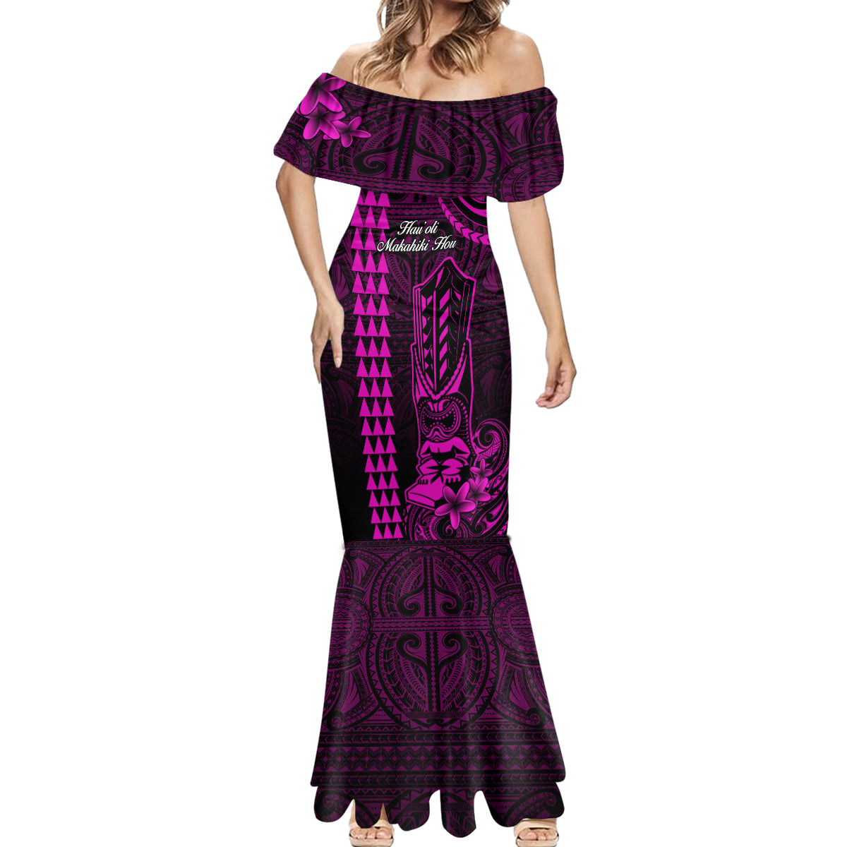 Personalized Hawaii Hauoli Makahiki Hou Mermaid Dress Lono Hawaiian God Kakau Polynesian Tribal Pink LT05 - Polynesian Pride