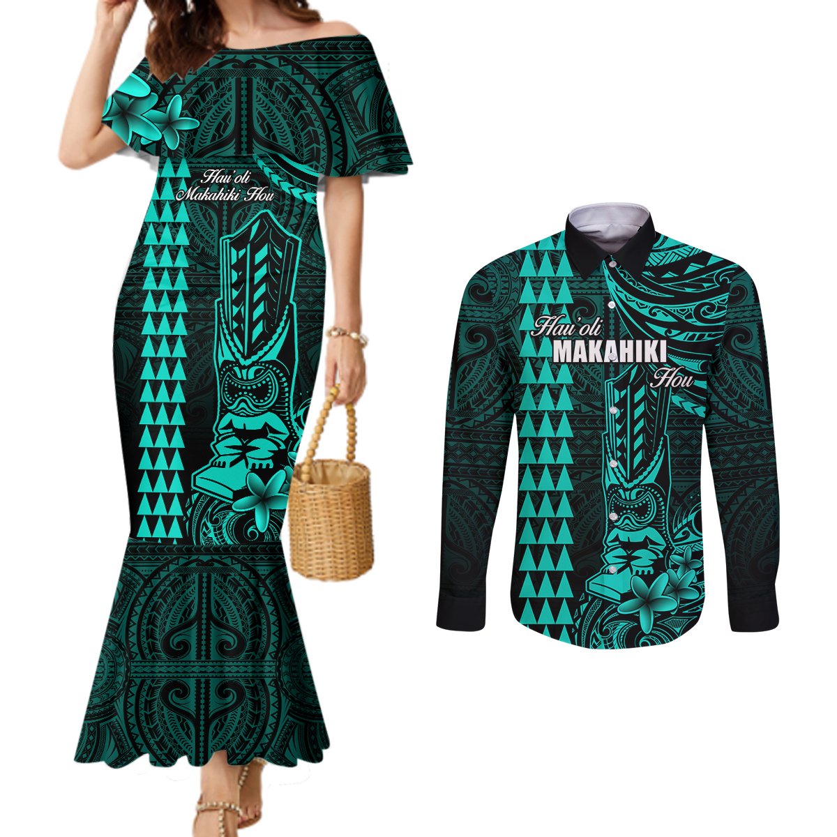 Personalized Hawaii Hauoli Makahiki Hou Couples Matching Mermaid Dress and Long Sleeve Button Shirts Lono Hawaiian God Kakau Polynesian Tribal Turquoise LT05 Turquoise - Polynesian Pride