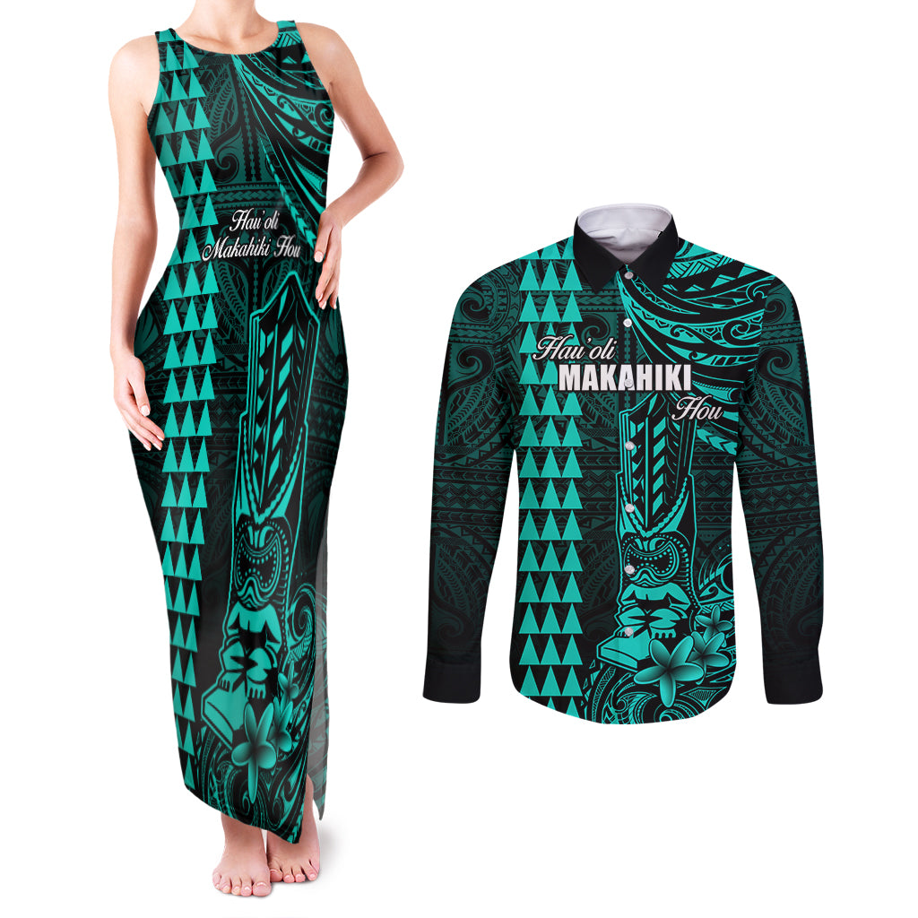 Personalized Hawaii Hauoli Makahiki Hou Couples Matching Tank Maxi Dress and Long Sleeve Button Shirts Lono Hawaiian God Kakau Polynesian Tribal Turquoise LT05 Turquoise - Polynesian Pride