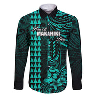 Personalized Hawaii Hauoli Makahiki Hou Family Matching Long Sleeve Bodycon Dress and Hawaiian Shirt Lono Hawaiian God Kakau Polynesian Tribal Turquoise LT05 Dad's Shirt - Long Sleeve Turquoise - Polynesian Pride