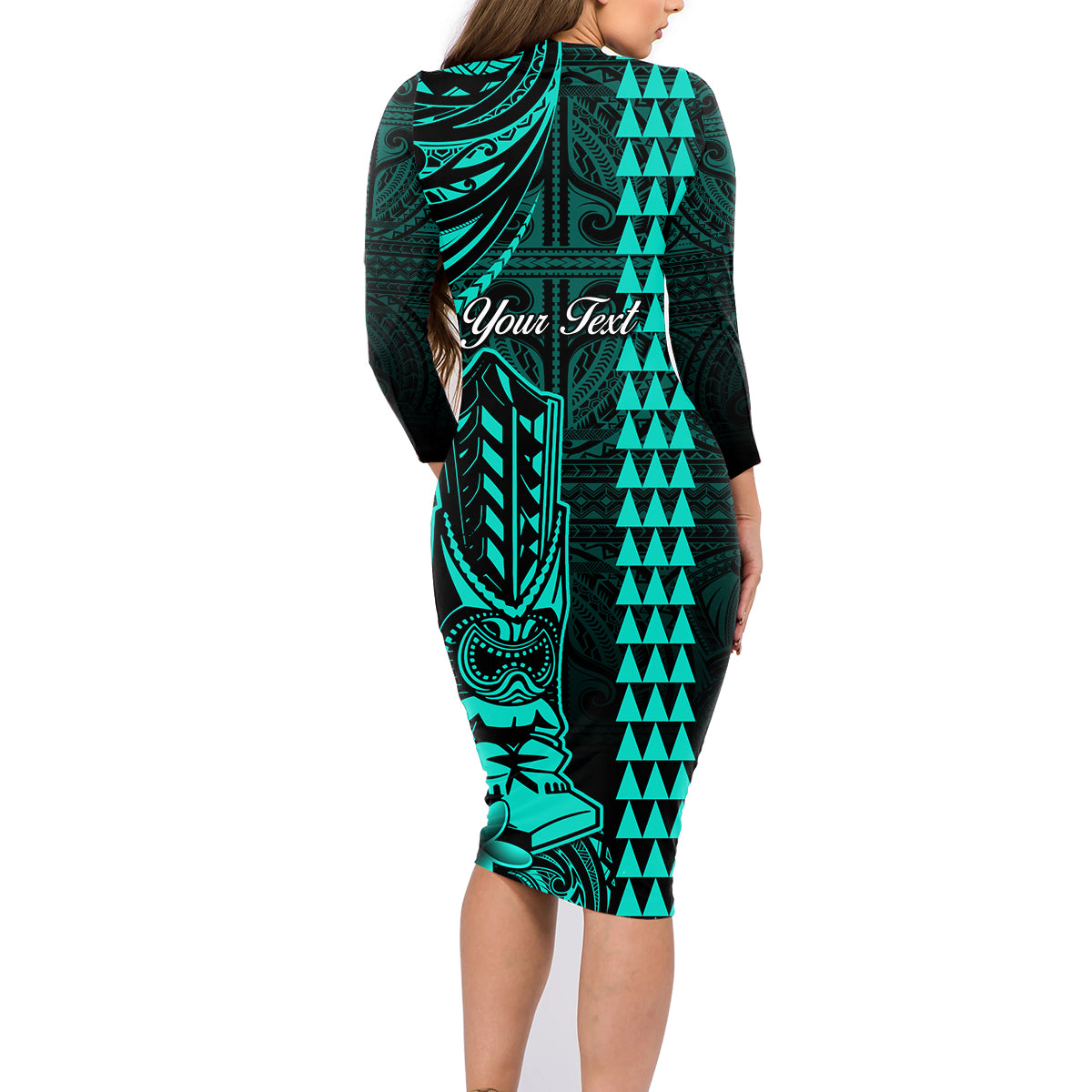 Personalized Hawaii Hauoli Makahiki Hou Family Matching Long Sleeve Bodycon Dress and Hawaiian Shirt Lono Hawaiian God Kakau Polynesian Tribal Turquoise LT05 - Polynesian Pride