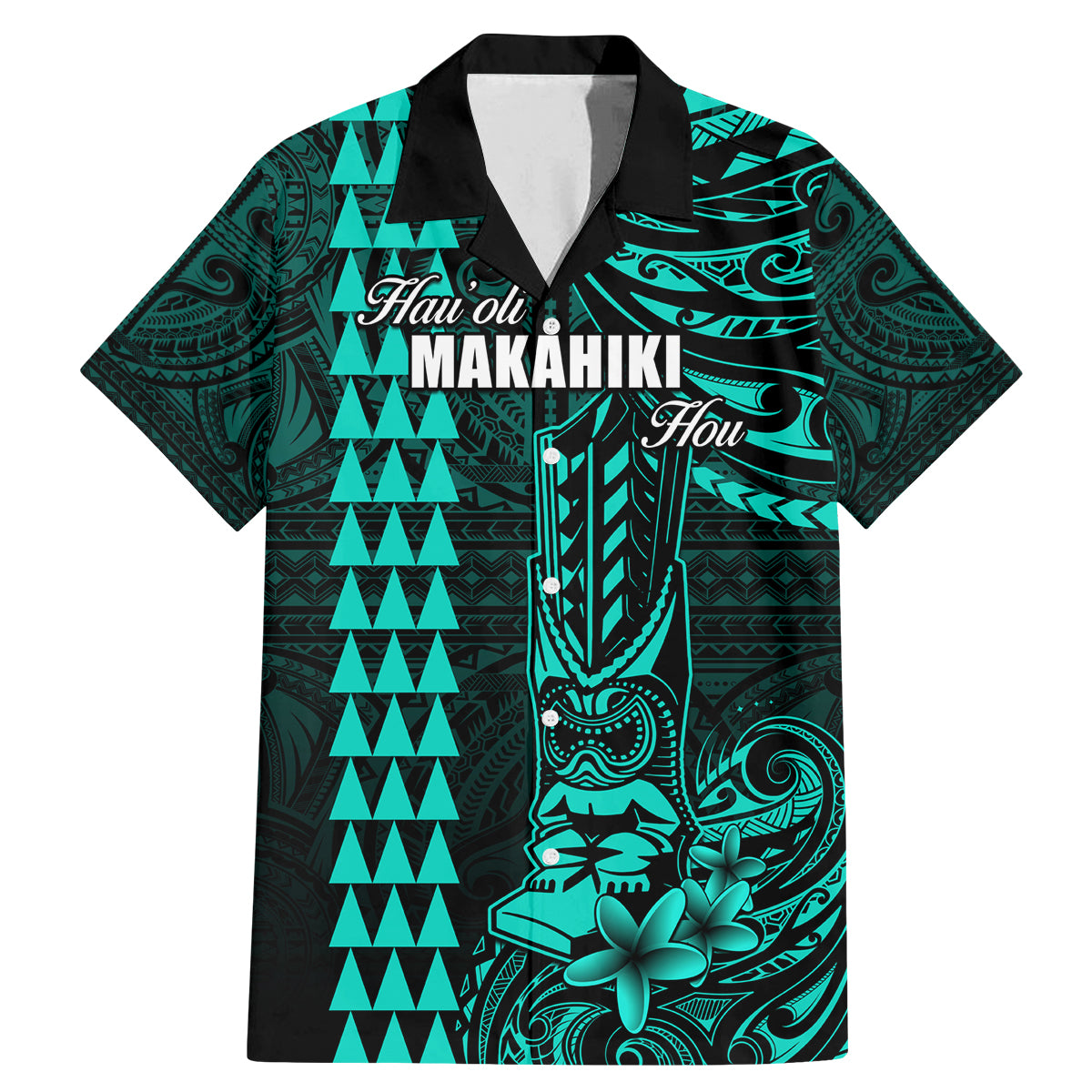 Personalized Hawaii Hauoli Makahiki Hou Family Matching Mermaid Dress and Hawaiian Shirt Lono Hawaiian God Kakau Polynesian Tribal Turquoise LT05 Dad's Shirt - Short Sleeve Turquoise - Polynesian Pride