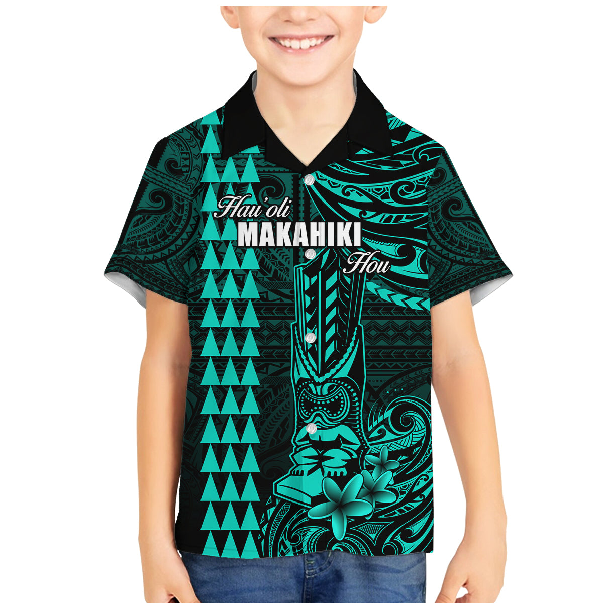 Personalized Hawaii Hauoli Makahiki Hou Family Matching Mermaid Dress and Hawaiian Shirt Lono Hawaiian God Kakau Polynesian Tribal Turquoise LT05 Son's Shirt Turquoise - Polynesian Pride