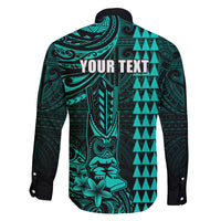 Personalized Hawaii Hauoli Makahiki Hou Family Matching Off Shoulder Long Sleeve Dress and Hawaiian Shirt Lono Hawaiian God Kakau Polynesian Tribal Turquoise LT05 - Polynesian Pride