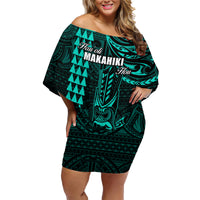 Personalized Hawaii Hauoli Makahiki Hou Family Matching Off Shoulder Short Dress and Hawaiian Shirt Lono Hawaiian God Kakau Polynesian Tribal Turquoise LT05 Mom's Dress Turquoise - Polynesian Pride