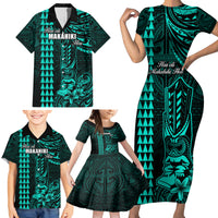 Personalized Hawaii Hauoli Makahiki Hou Family Matching Short Sleeve Bodycon Dress and Hawaiian Shirt Lono Hawaiian God Kakau Polynesian Tribal Turquoise LT05 - Polynesian Pride