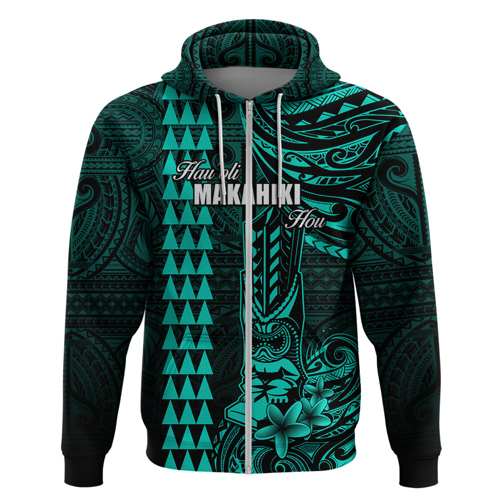 Personalized Hawaii Hauoli Makahiki Hou Hoodie Lono Hawaiian God Kakau Polynesian Tribal Turquoise LT05 - Polynesian Pride