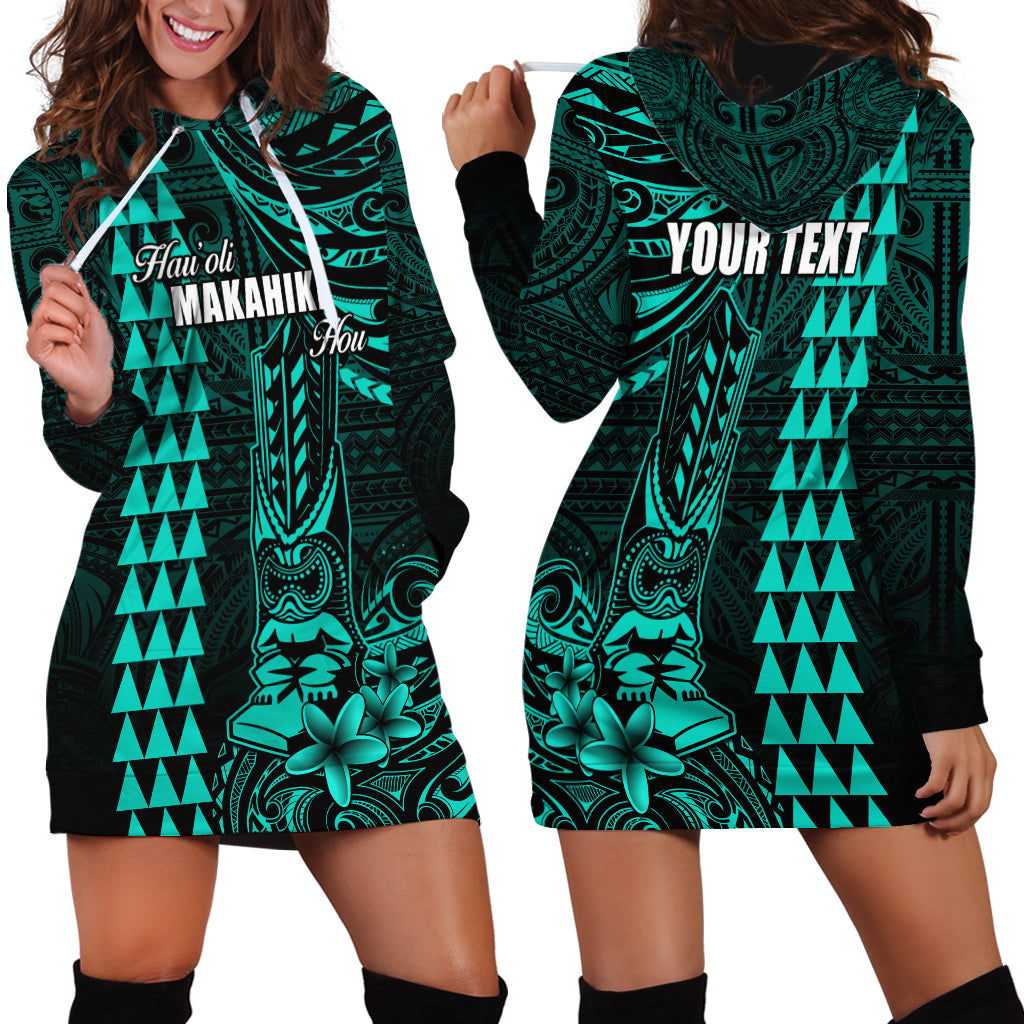Personalized Hawaii Hauoli Makahiki Hou Hoodie Dress Lono Hawaiian God Kakau Polynesian Tribal Turquoise LT05 - Polynesian Pride
