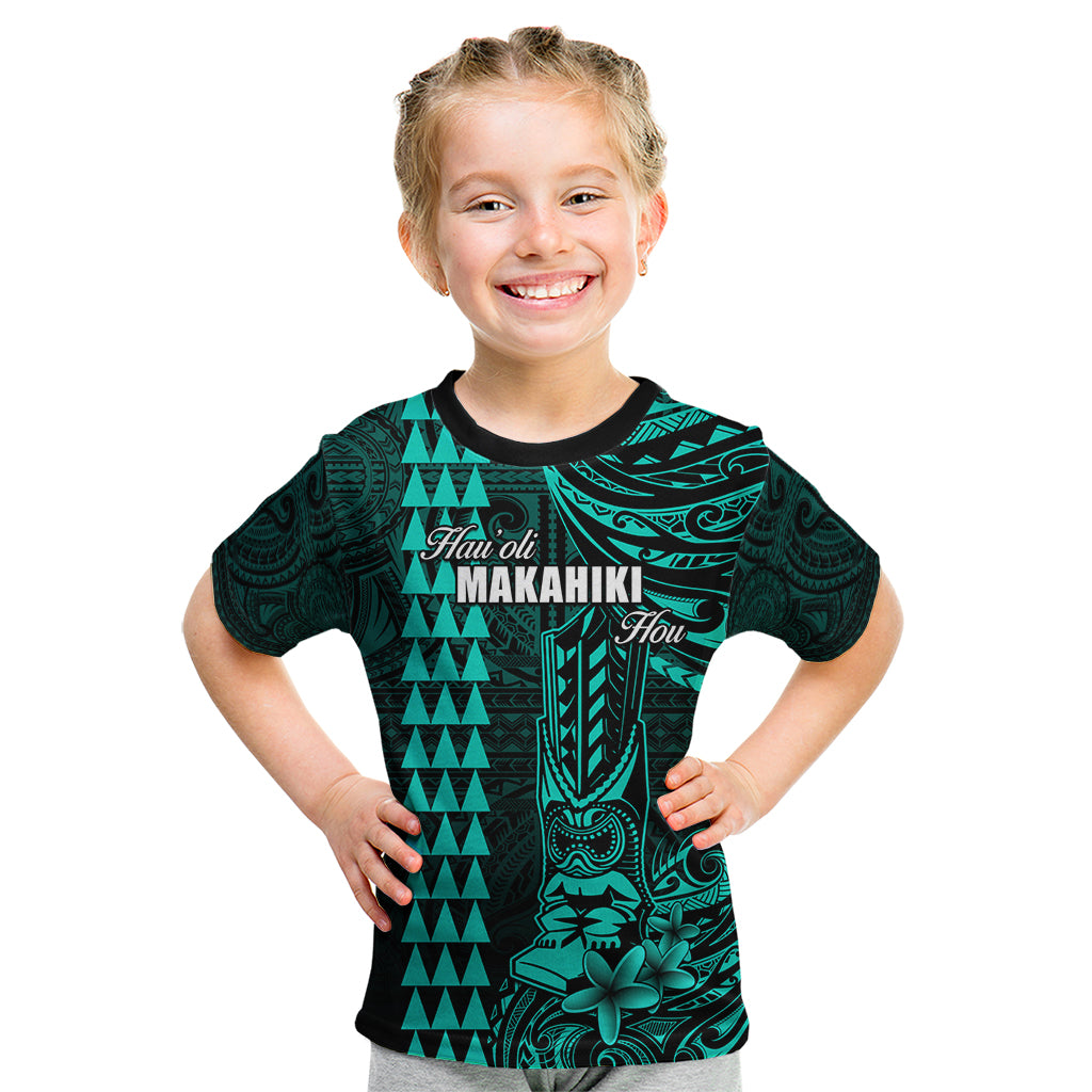Personalized Hawaii Hauoli Makahiki Hou Kid T Shirt Lono Hawaiian God Kakau Polynesian Tribal Turquoise LT05 Turquoise - Polynesian Pride