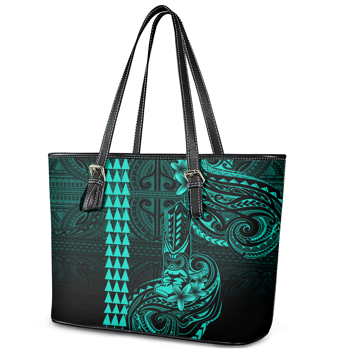 Hawaii Hauoli Makahiki Hou Leather Tote Bag Lono Hawaiian God Kakau Polynesian Tribal Turquoise LT05 - Polynesian Pride