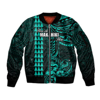 Personalized Hawaii Hauoli Makahiki Hou Sleeve Zip Bomber Jacket Lono Hawaiian God Kakau Polynesian Tribal Turquoise LT05 Unisex Turquoise - Polynesian Pride