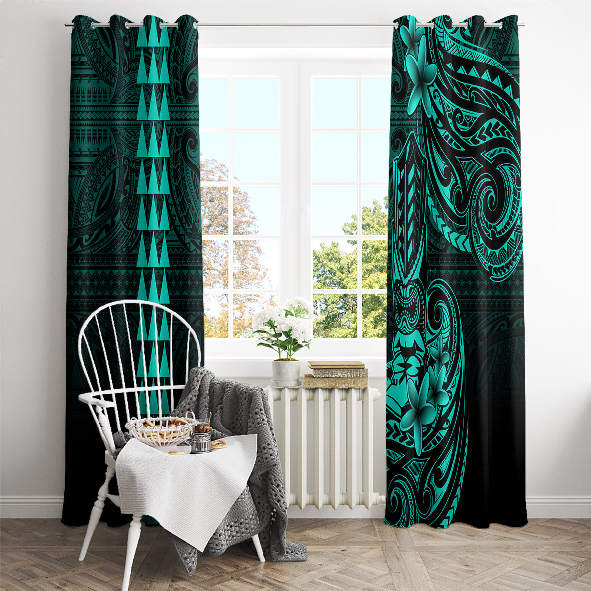 Hawaii Hauoli Makahiki Hou Window Curtain Lono Hawaiian God Kakau Polynesian Tribal Turquoise LT05 - Polynesian Pride