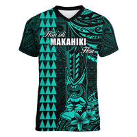 Personalized Hawaii Hauoli Makahiki Hou Women V Neck T Shirt Lono Hawaiian God Kakau Polynesian Tribal Turquoise LT05 Female Turquoise - Polynesian Pride
