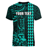 Personalized Hawaii Hauoli Makahiki Hou Women V Neck T Shirt Lono Hawaiian God Kakau Polynesian Tribal Turquoise LT05 - Polynesian Pride