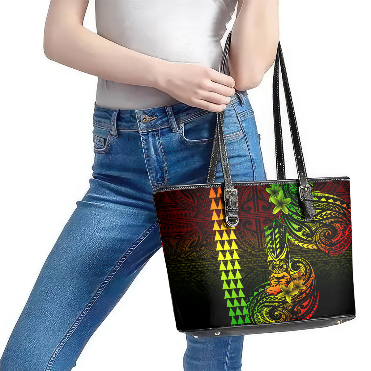 Hawaii Hauoli Makahiki Hou Leather Tote Bag Lono Hawaiian God Kakau Polynesian Tribal Reggae LT05 - Polynesian Pride