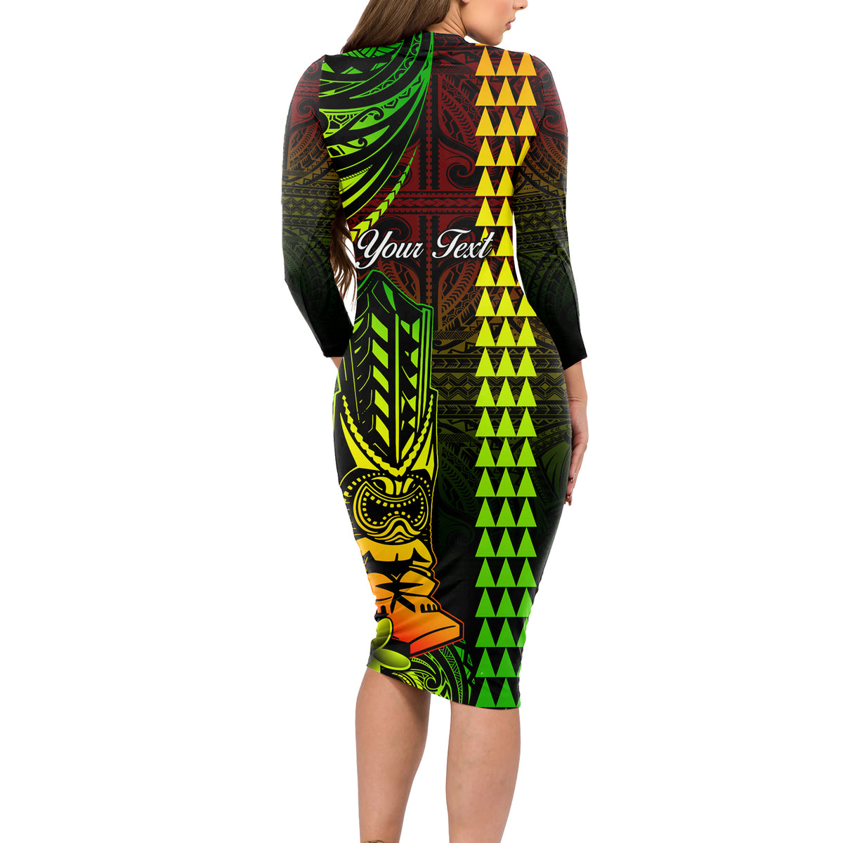 Personalized Hawaii Hauoli Makahiki Hou Long Sleeve Bodycon Dress Lono Hawaiian God Kakau Polynesian Tribal Reggae LT05 - Polynesian Pride