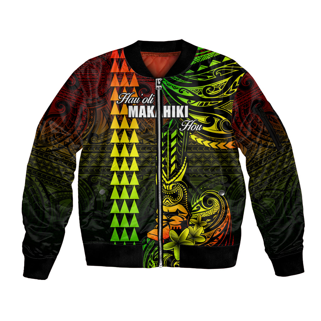 Personalized Hawaii Hauoli Makahiki Hou Sleeve Zip Bomber Jacket Lono Hawaiian God Kakau Polynesian Tribal Reggae LT05 Unisex Reggae - Polynesian Pride