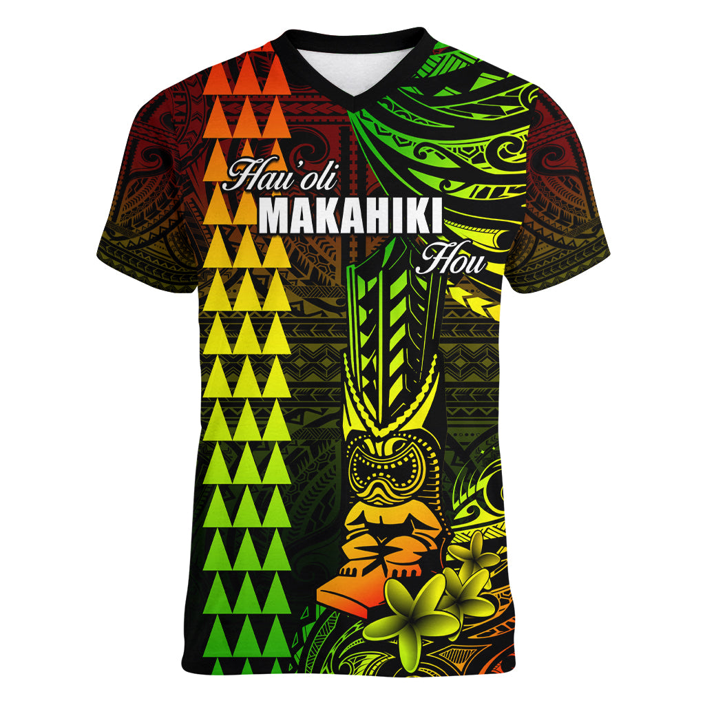 Personalized Hawaii Hauoli Makahiki Hou Women V Neck T Shirt Lono Hawaiian God Kakau Polynesian Tribal Reggae LT05 Female Reggae - Polynesian Pride