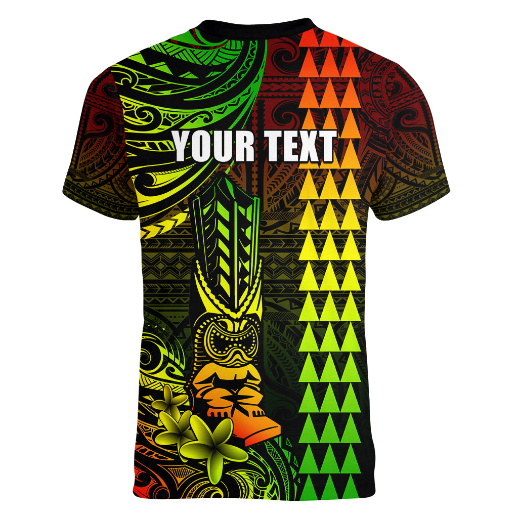 Personalized Hawaii Hauoli Makahiki Hou Women V Neck T Shirt Lono Hawaiian God Kakau Polynesian Tribal Reggae LT05 - Polynesian Pride