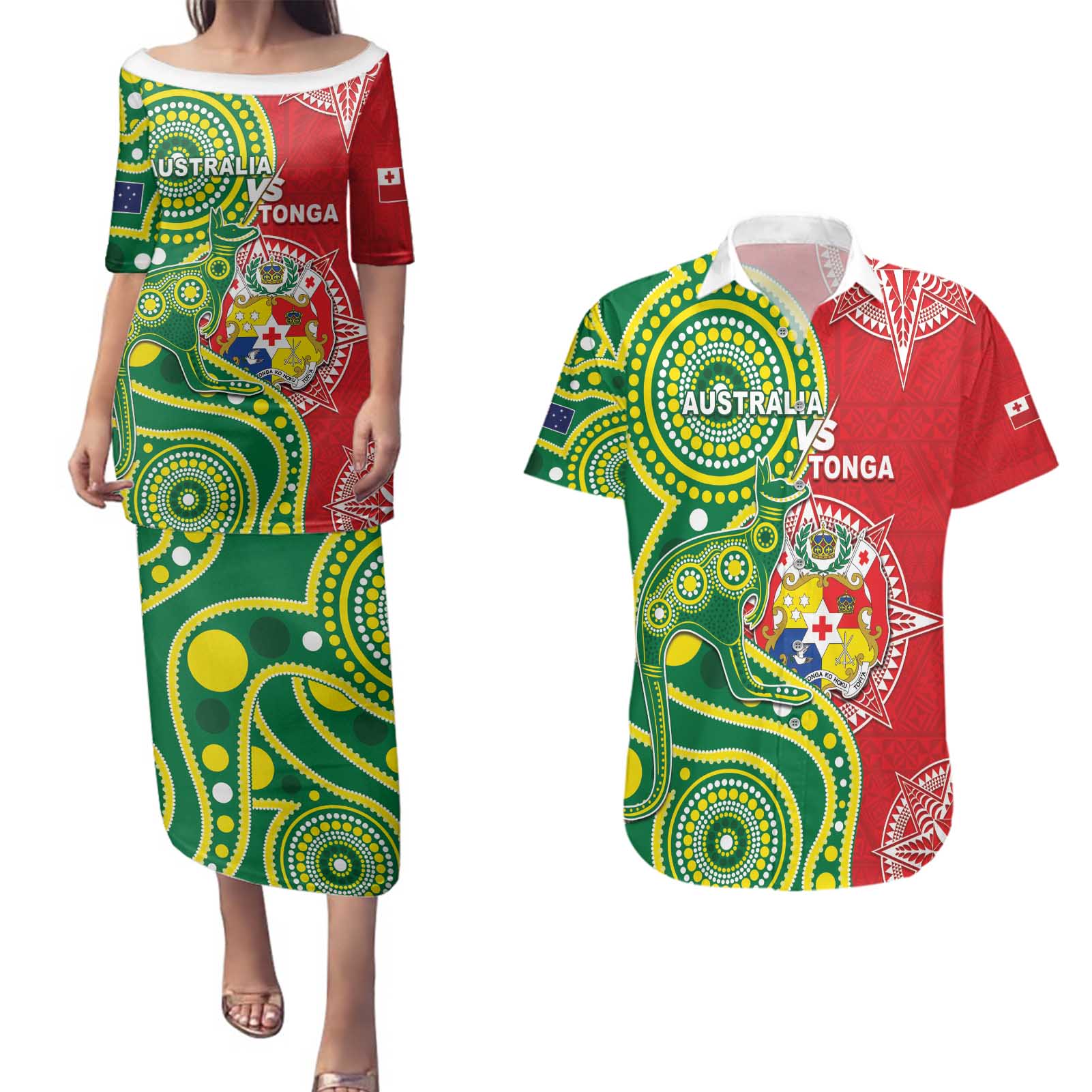 Custom Tonga Australia Rugby Couples Matching Puletasi and Hawaiian Shirt Kangaroos And Tonga Mate Maa Together