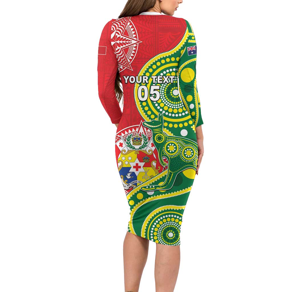Custom Tonga Australia Rugby Long Sleeve Bodycon Dress Kangaroos And Tonga Mate Maa Together